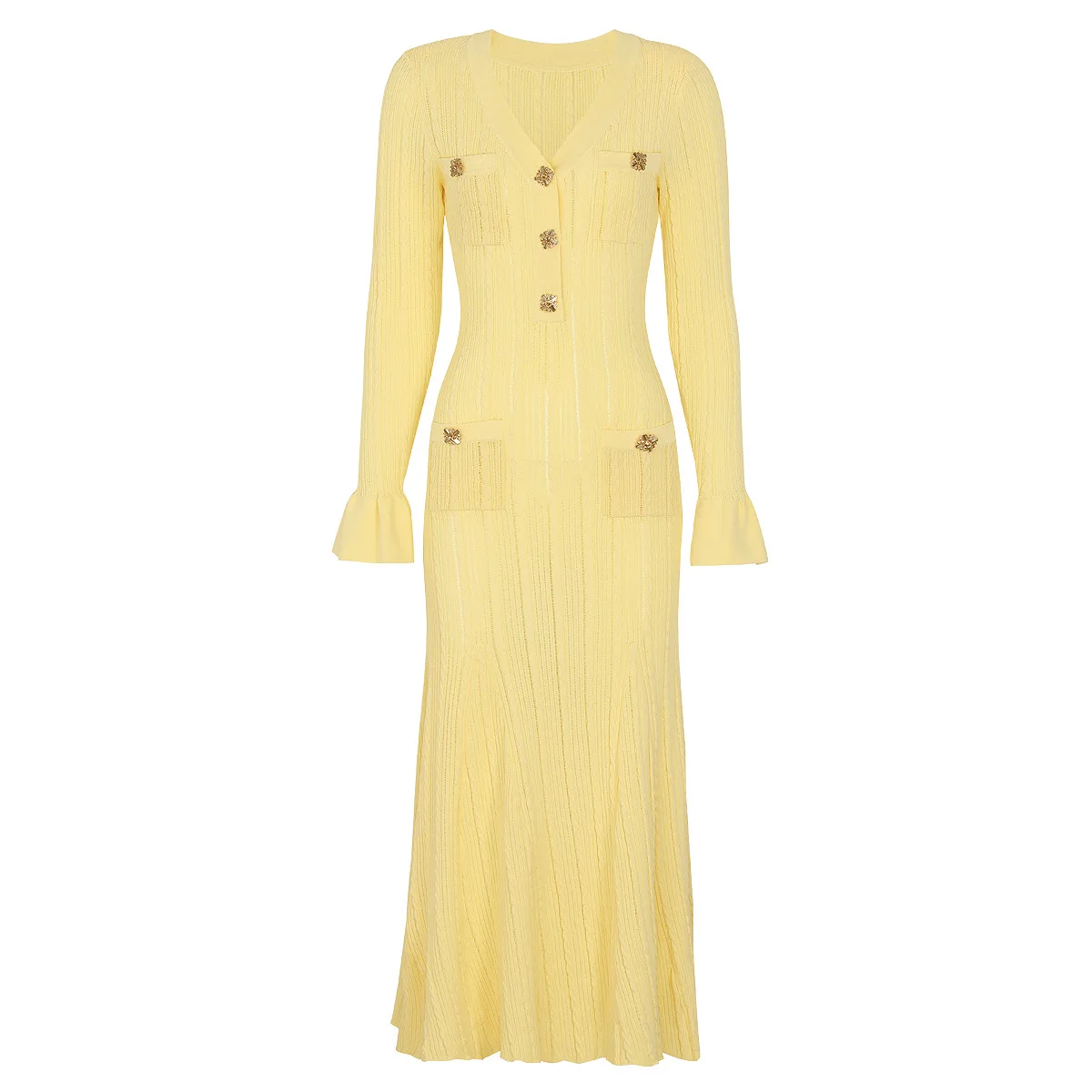 European Style Quality In Stock Lady v-neck Flared Long Sleeve Lady Slim And Flared Knits Solid Long Dress