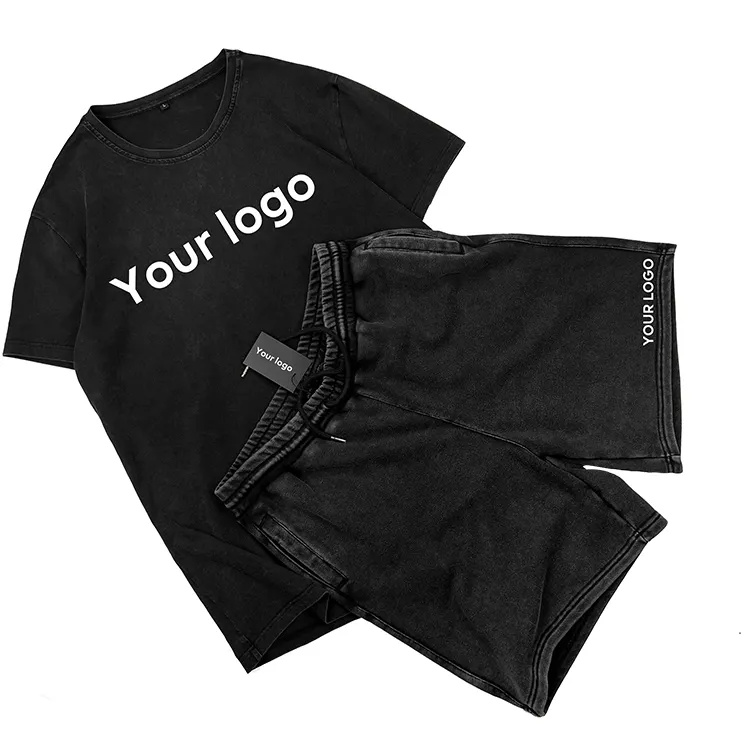 Streetwear Washed Distressed Unisex Mens Summer 2 Piece Men Tshirt and Shorts Set