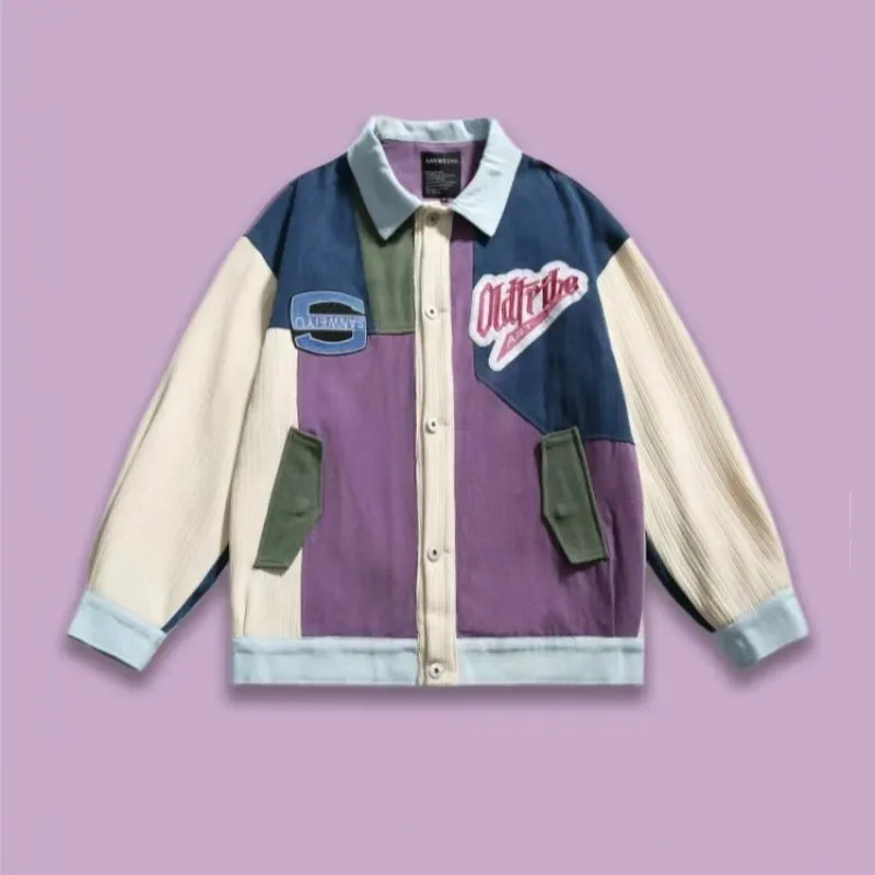 Men's Cotton Casual Coat Breathable Spring Hip Hop Streetwear Color Block Patchwork Bomber Jacket with Pockets