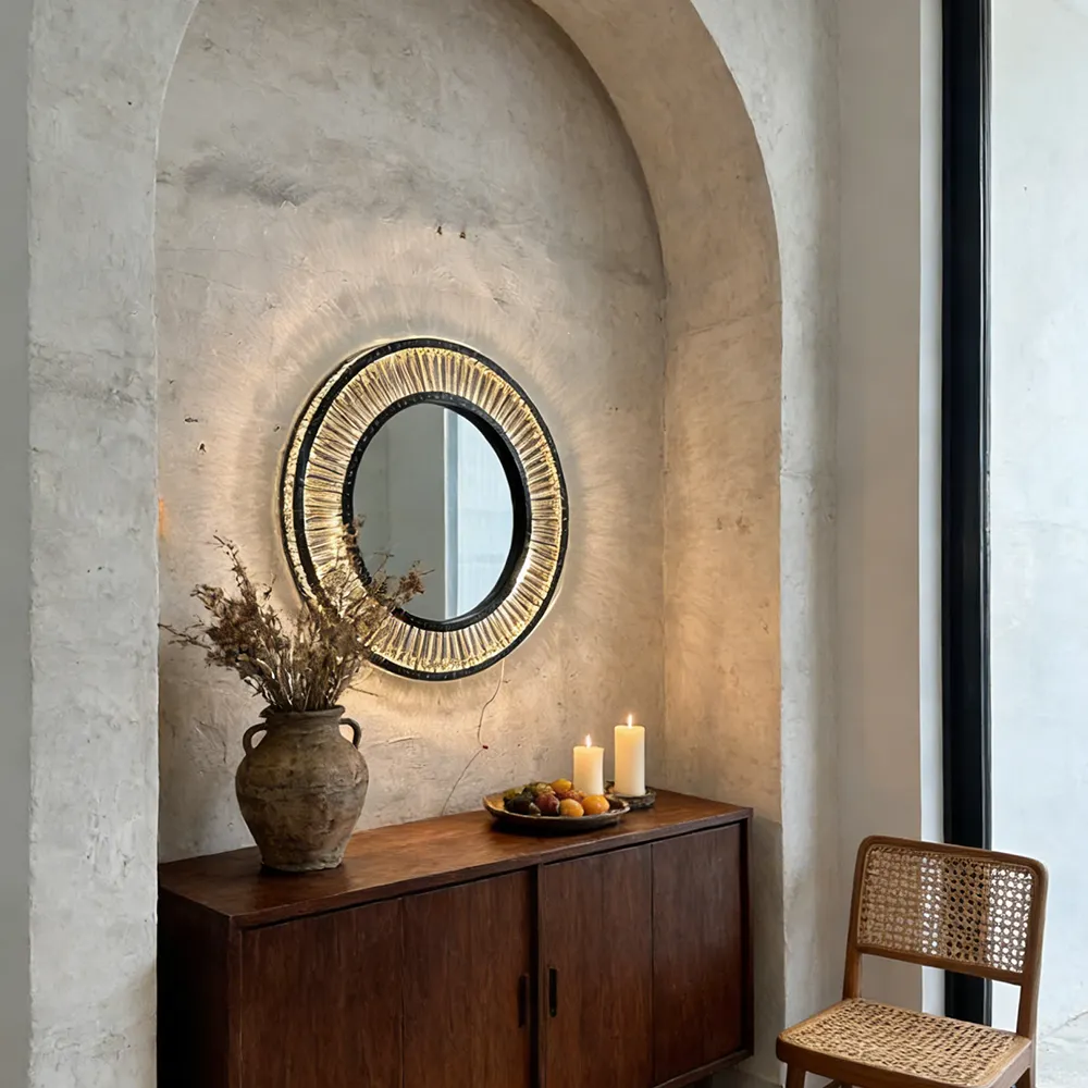 Design Home Decor LED Wall Mirror Modern Luxurious Round Crystal Mirror for Living Room