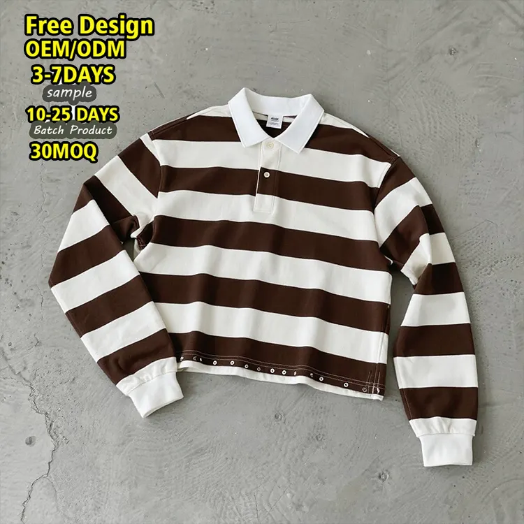 Streetwear Custom logo Fit Knit Cotton Button Stripe Full Long Sleeve t Shirt for Men Polo Shirts Cropped Rugby Tops Long Sleeve