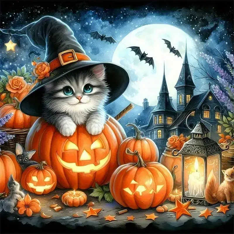 Factory High Quality Halloween Cat and Pumpkin Round Full Drill Diy Diamond Painting Set for Home Decoration