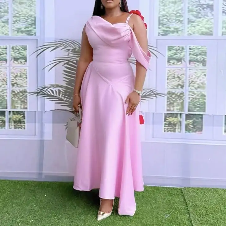 New Arrival Silk Asymmetric Shoulder Strap Sleeveless Lightweight Summer Women Dress Fashion