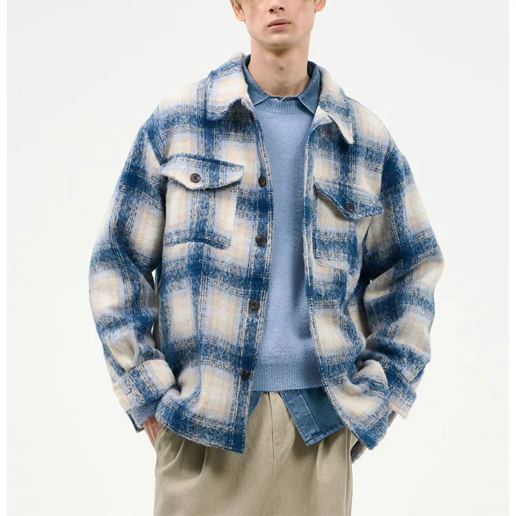 High Quality Fashion Custom Long Sleeve Button up Men Plaid Shirts Check Turn Down Collar Double Front Pocket Men Shirt