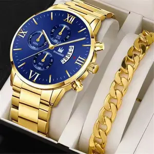 Wholesale Fashion Business Quartz Watch for Men Date Gold 2pcs Stainless Steel Bracelet Jewelry Gift Set Luxury Man WristWatches