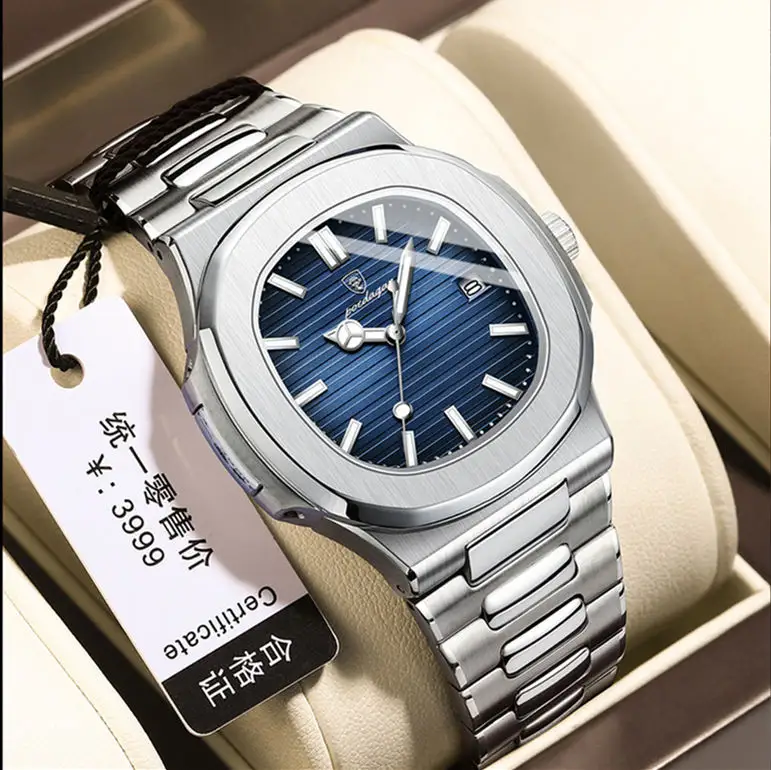 New POEDAGAR 613 Watch Business Waterproof Male Clock Luminous Date Stainless Steel Square Quartz Men Watch