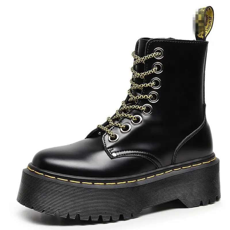 European American Women's Thick 8-Hole Workwear Boots British for Martin Style Side Zipper Platform Bottom Genuine Leather