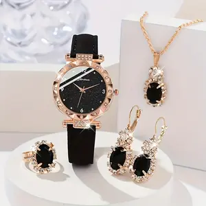 Hot Selling Simple Fashion Quartz Watch for Women Casual Student Leather Strap Black Quartz Watch with 3 Piece Jewelry