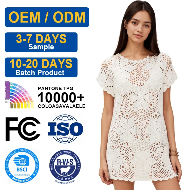 OEM/ODM Women's Knitted Fashion Casual Dress-Summer Breathable Solid Color Open-Weave Geometric Pattern Short Sleeve
