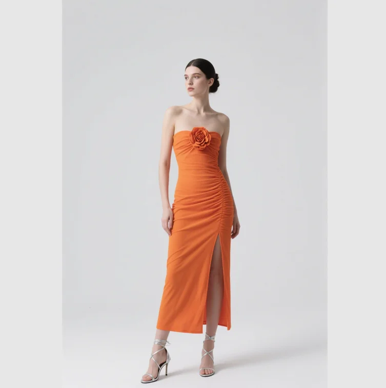 New Arrival Women's Solid Elegant 3D Flower Ruched Strapless Bodycon for Elegant Women Summer Casual Dresses