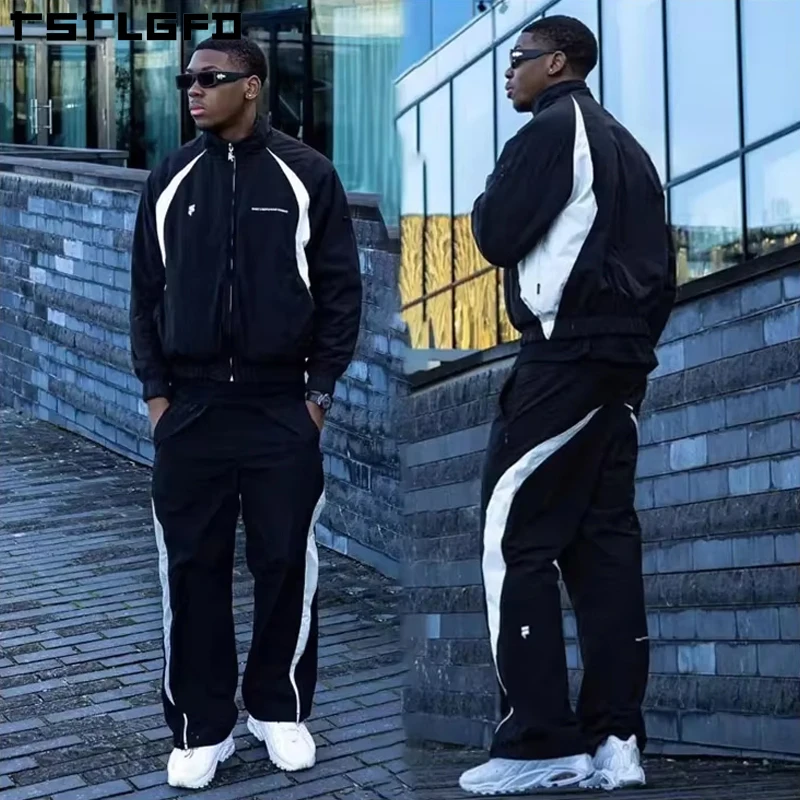 Men Jogger Sets Two Piece Set Patchwork Zip up Puff Track Nylon Jacket and Track Pants Custom Nylon Tracksuit Men