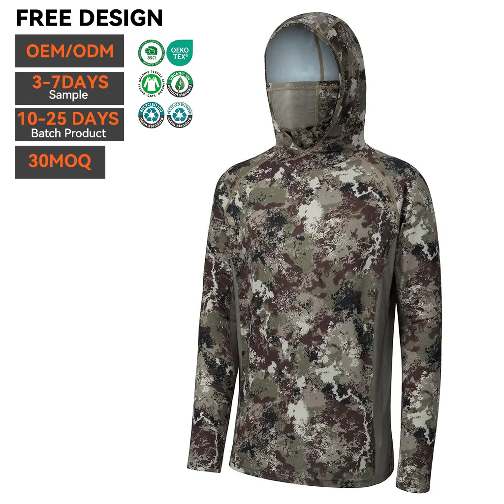 OEM Wholesale Pullover Long Sleeve Fishing Shirt Outdoor Performance Quick Dry UPF50 Sublimated Mens Face Mask Fishing Wear