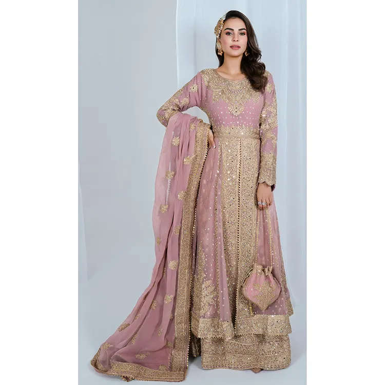Pakistani & Indian Women's Walima & Reception Bridal Wear Open Front Gown Dresses With Heavy Gotta Embroidered Organza Dupatta