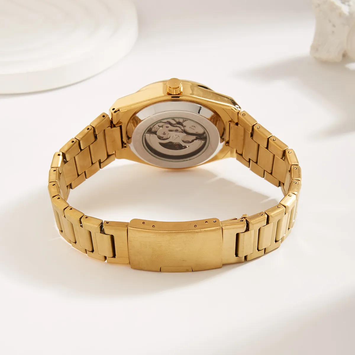 Luxury Men's Business Style Mechanical Skeleton Quartz Watch 22mm Band Width Stainless Steel Case Tourbillon Dial Glass Pointer