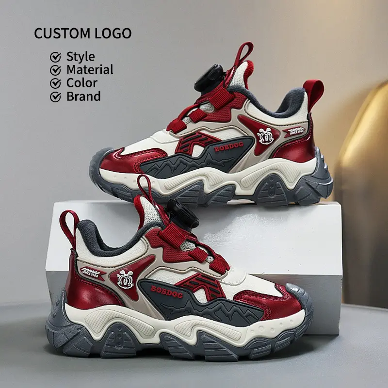 2025 New Winter Boys' Red Double Layer Insulated Warm Leather Children's Sports Shoes with Fleece Lining
