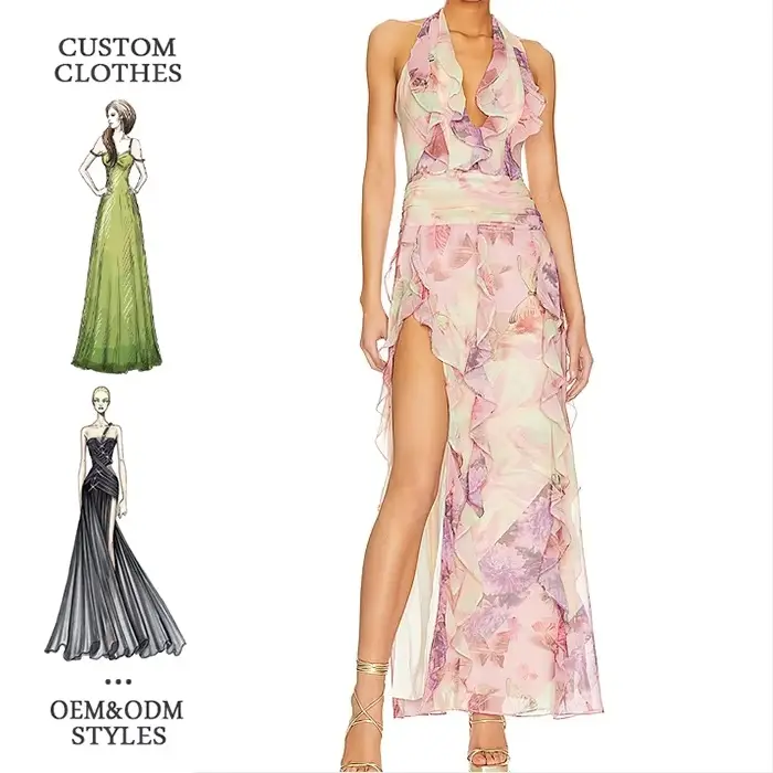 Summer Chiffon Floral Maxi Beach Dress Casual Women Custom Long Elegant Halter Backless Maxi Dress Ladies