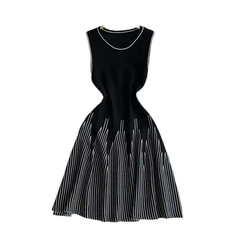 Women Sleeveless Round Neck Stripe Knit Clothes Waist Cinching Design Niche Fairy Mid Length Dress