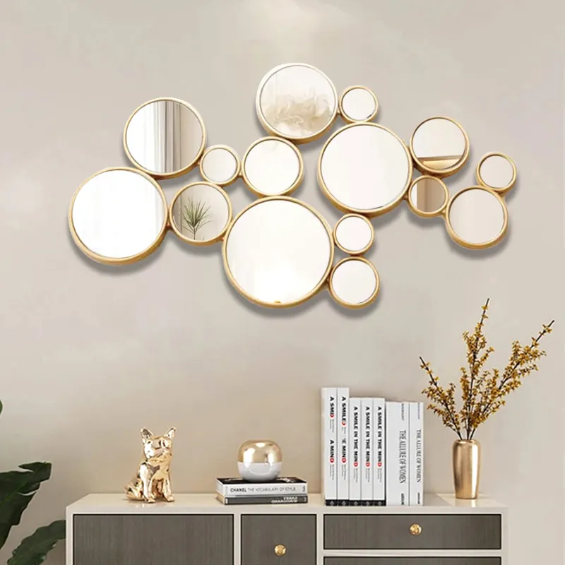 Modern Home Decor Luxury Art Design 3D Wall Hanging Multiple Geometric Golden Wood Frame Round Wall Sticker Wall Mirror