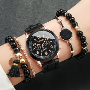 NW1340 5pcs Set Black Quartz Watches for Women Fashionable Silicone Strap Woman Watch Jewelry Set