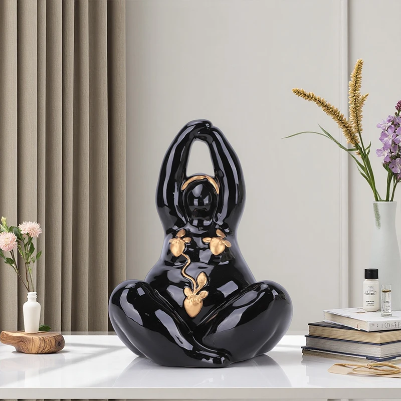 Udeco Zen Style Ceramic Yoga Figurine Set Strawberry Gold Accent Modern Home Art Decor for Living Room Shelf Display