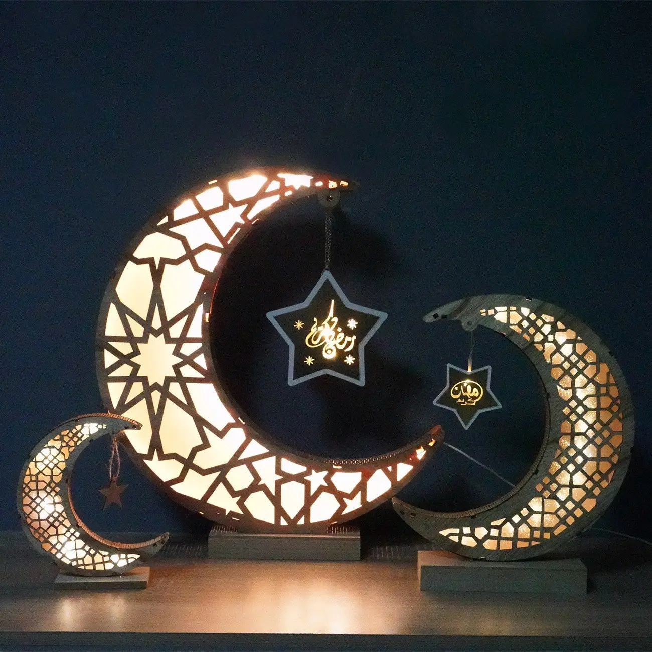New Antique Festival Moon Star LED Lights Wooden Home Crafts Decorative Ornaments Wood Lantern