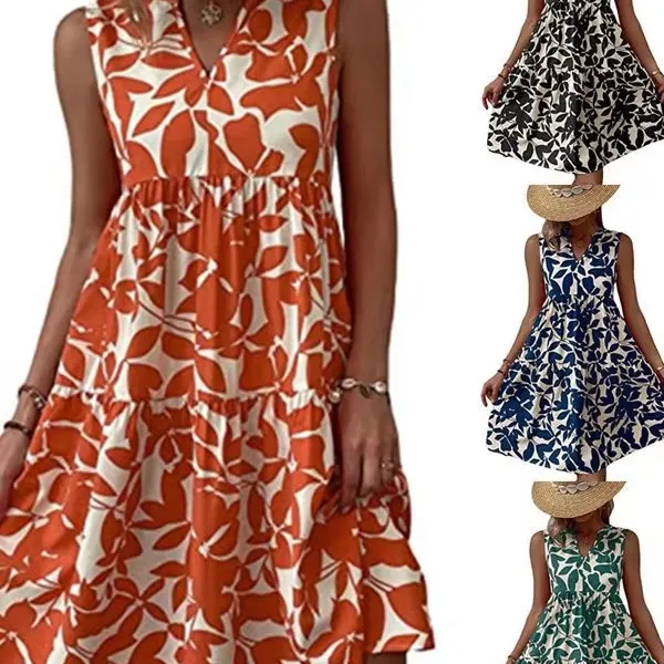 Women's Formal Loose V-Neck Pleated Print Dress Made of Dacron for Wholesale