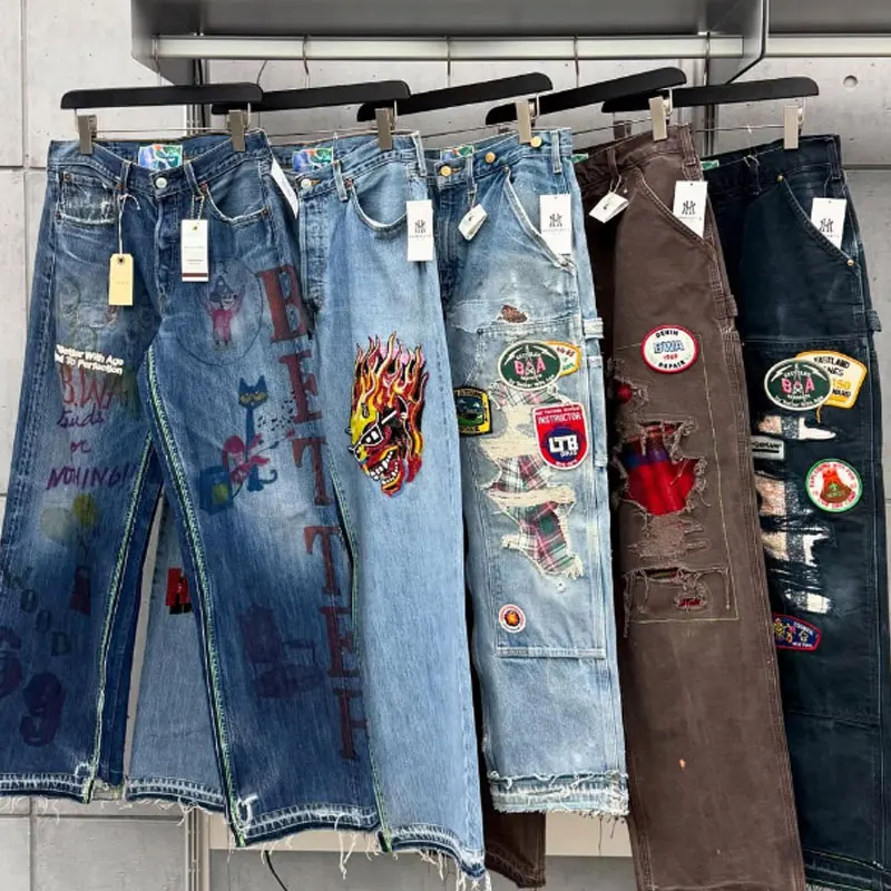 High Quality 3d Embroidery Patch logo Distressed Ripped Y2k Sun Faded Acid Washed Baggy Cotton Denim Men Baggy Jeans Pants