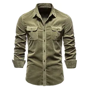 Men Spring Corduroy Shirts Cotton Long Sleeve Double Pockets Slim Fit Tops Work Clothing Button Coat Casual Shirt