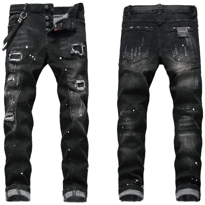 Men's Trendy Straight Jeans Broken Hole Scraped Style Light Washed with Paint Spatter Stretch Denim Jeans Pants for Men