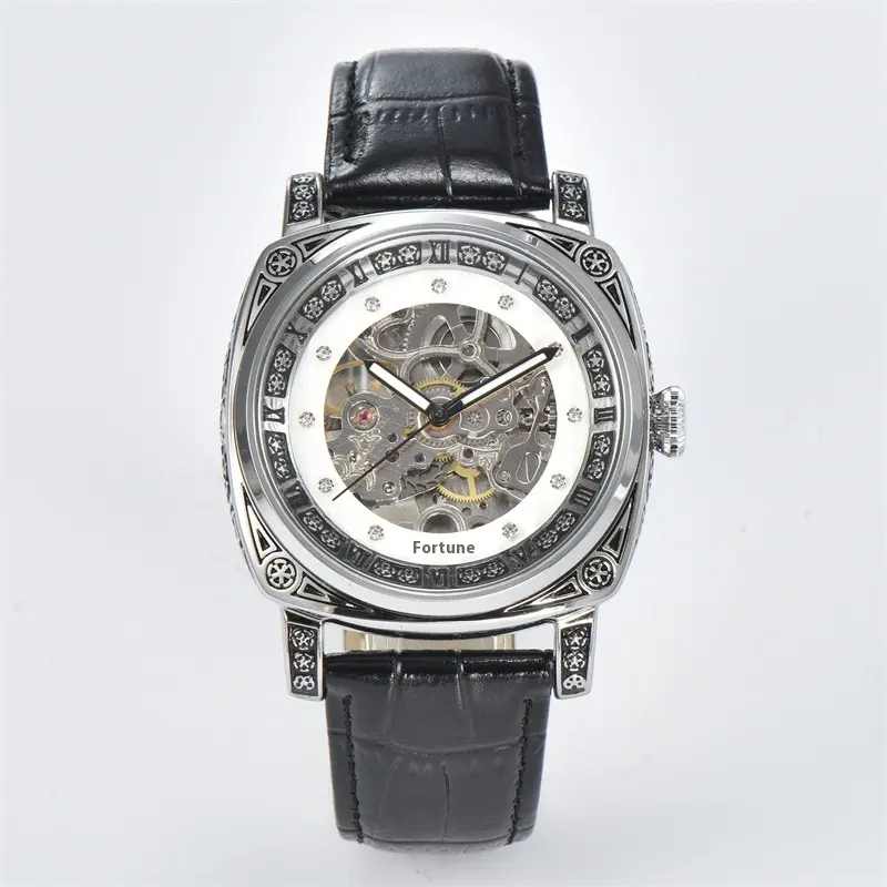 1KUERST Cooltime Fully Automatic Men's Mechanical Watch Waterproof Cross-Border Diamond Luminous Dial Display Leather Band 22mm