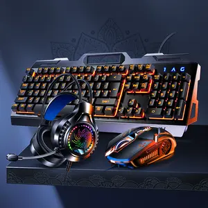 V2G5 Three-Piece USB Wired RGB Backlit Plug Play Gaming Computer Accessories Mechanical Feel Metal Keyboard Mouse Headset for