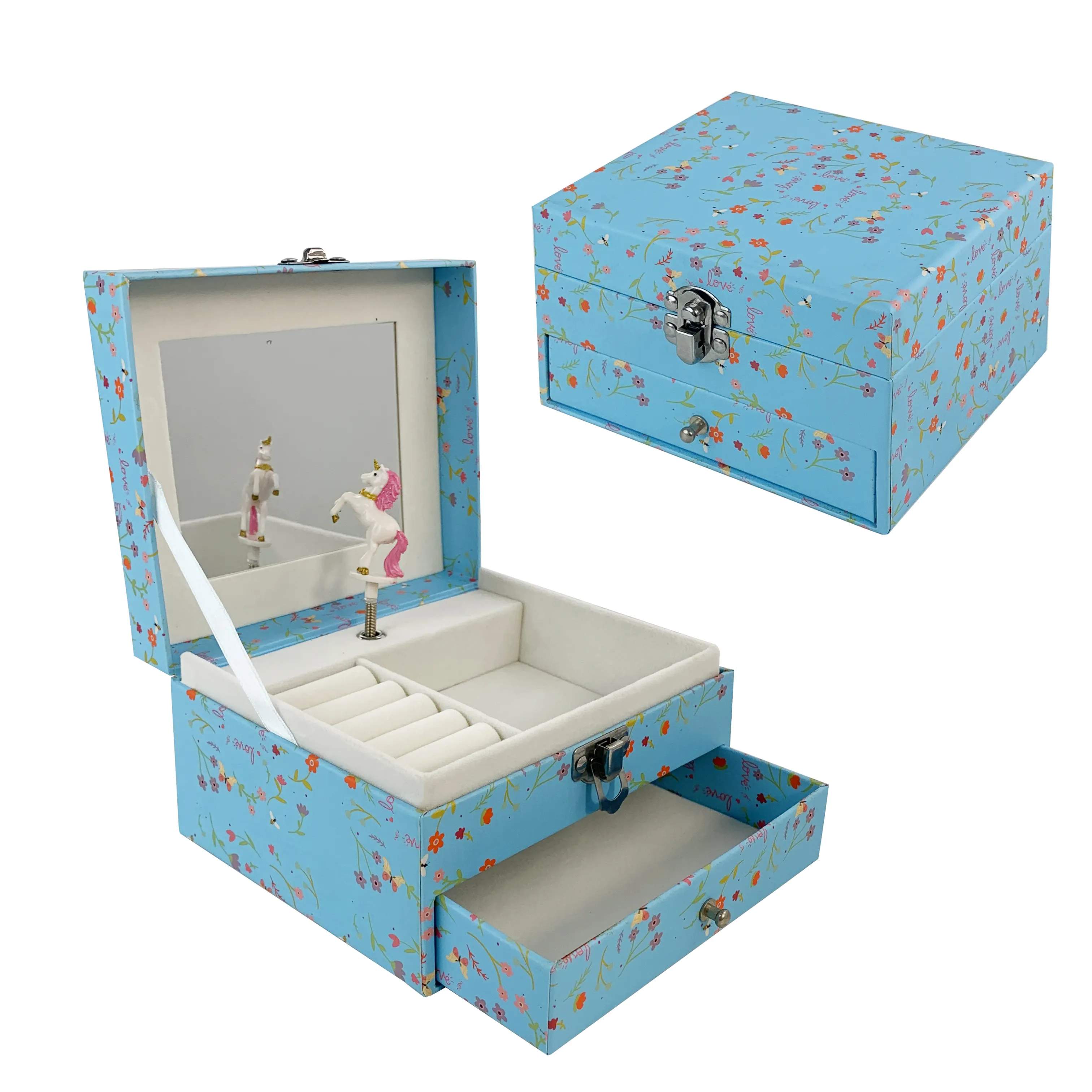 Yiyu Custom Blue Flower Carousel Music Box with Storage Function Featuring a Mirror and Drawers Home Decorationfor Gifting