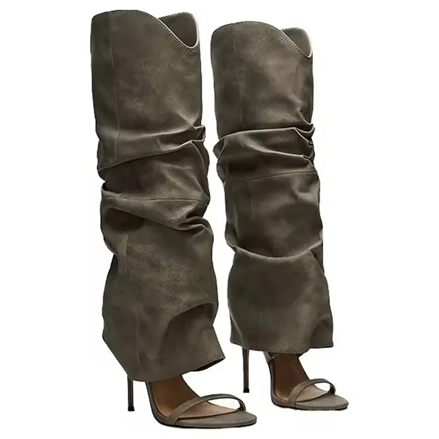 Customized Logo Green Elegant Women's Round Toe Stiletto Heels Knee High Boots Shoes