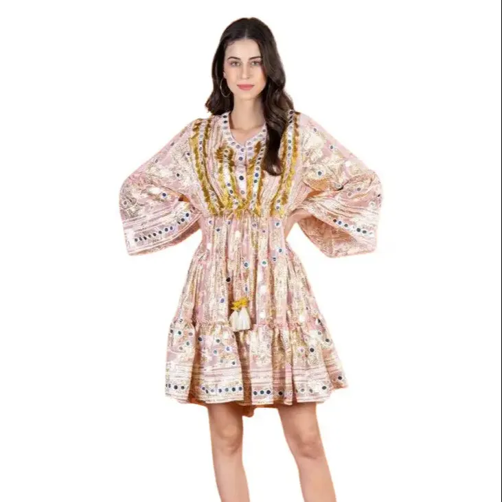 High Fashion Embroidered Handmade Boho Knitted Designer Ruffle Three Quarter Sleeve Women Party Dress