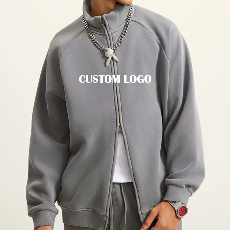 Wholesale 350G Cotton Heavy Duty Vintage Wash Raglan Sleeve Zipper Hoodies Coat Loose Fleece Jackets for Men