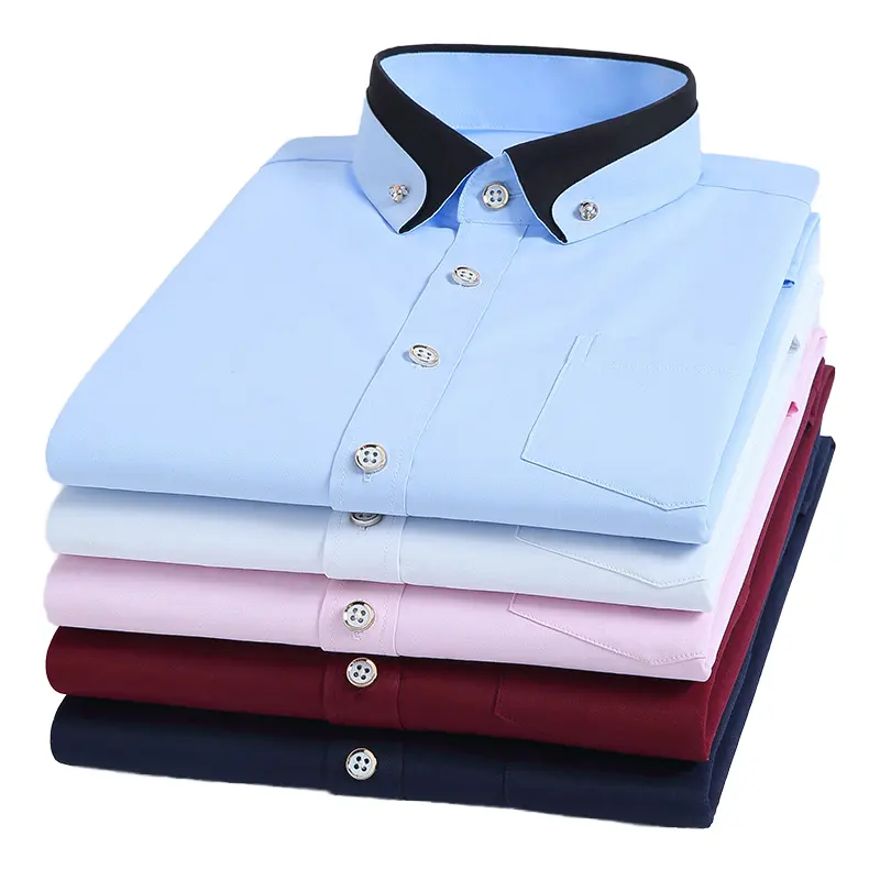 Men's New Fashion Spring Business Casual Long Sleeved Shirt with Comfort Stretch and Contrasting Collar