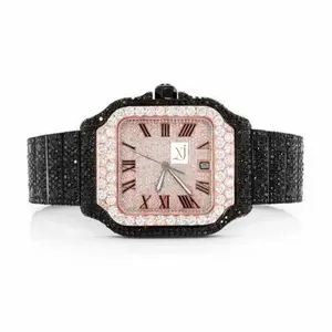 Stylish Square Fashion Moissanite Black Diamond Watch HighEnd Jewelry Design 40mm 316L Stainless Steel Mechanical Movement Ronda
