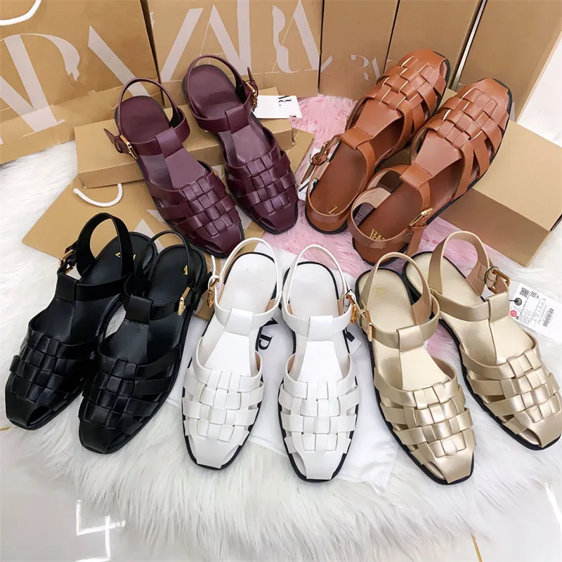 New Design Women Roman Sandals Female Fashionable Outdoor Summer Leather Sandals Back Strap Ladies Woven Flat Sandals