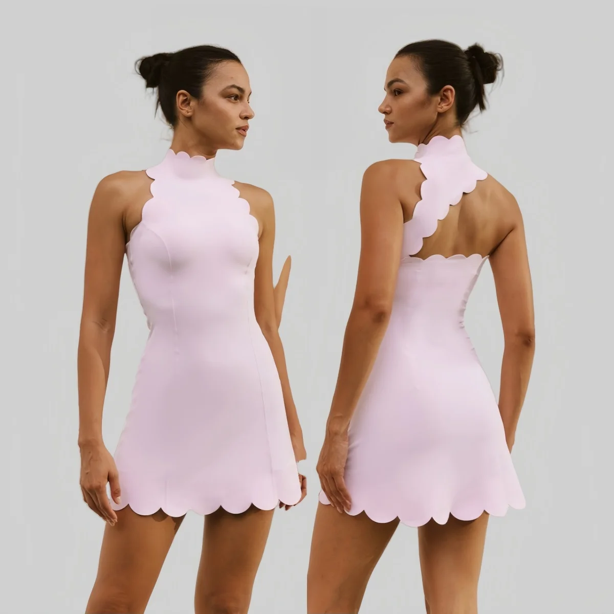 Ladies Asymmetric Back Scallop Waves One Piece Badminton Tennis Dress Set with Shorts