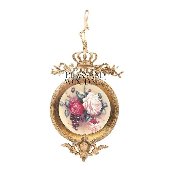 antique brass decorative round frame with crown design floral porcelain painting vintage aged artwork luxury home decor