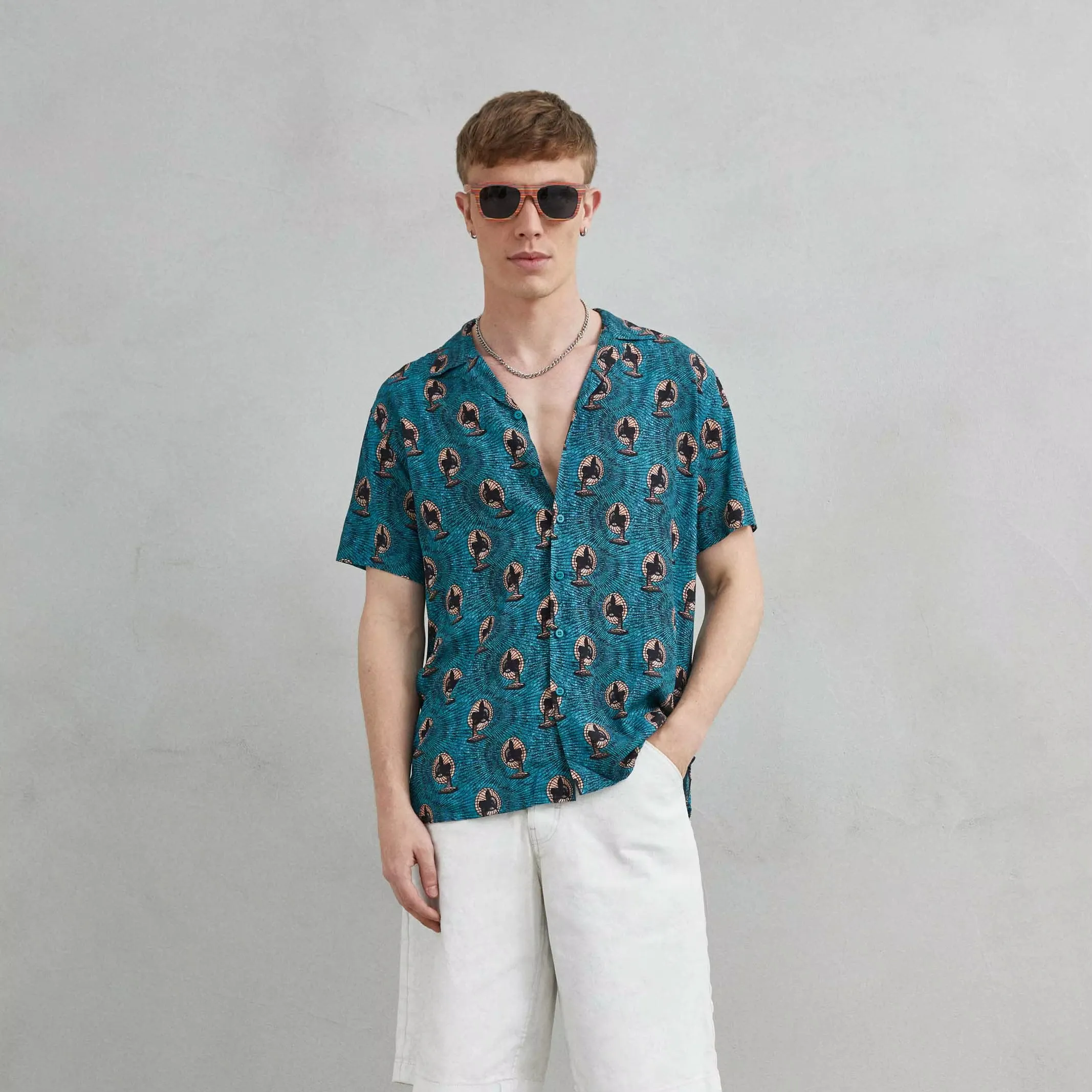 Imperio Vintage Retro Hawaiian Shirt Men Summer Breathable Printed Short Sleeve Fan Print Turquoise Blue 100% Cotton Casual