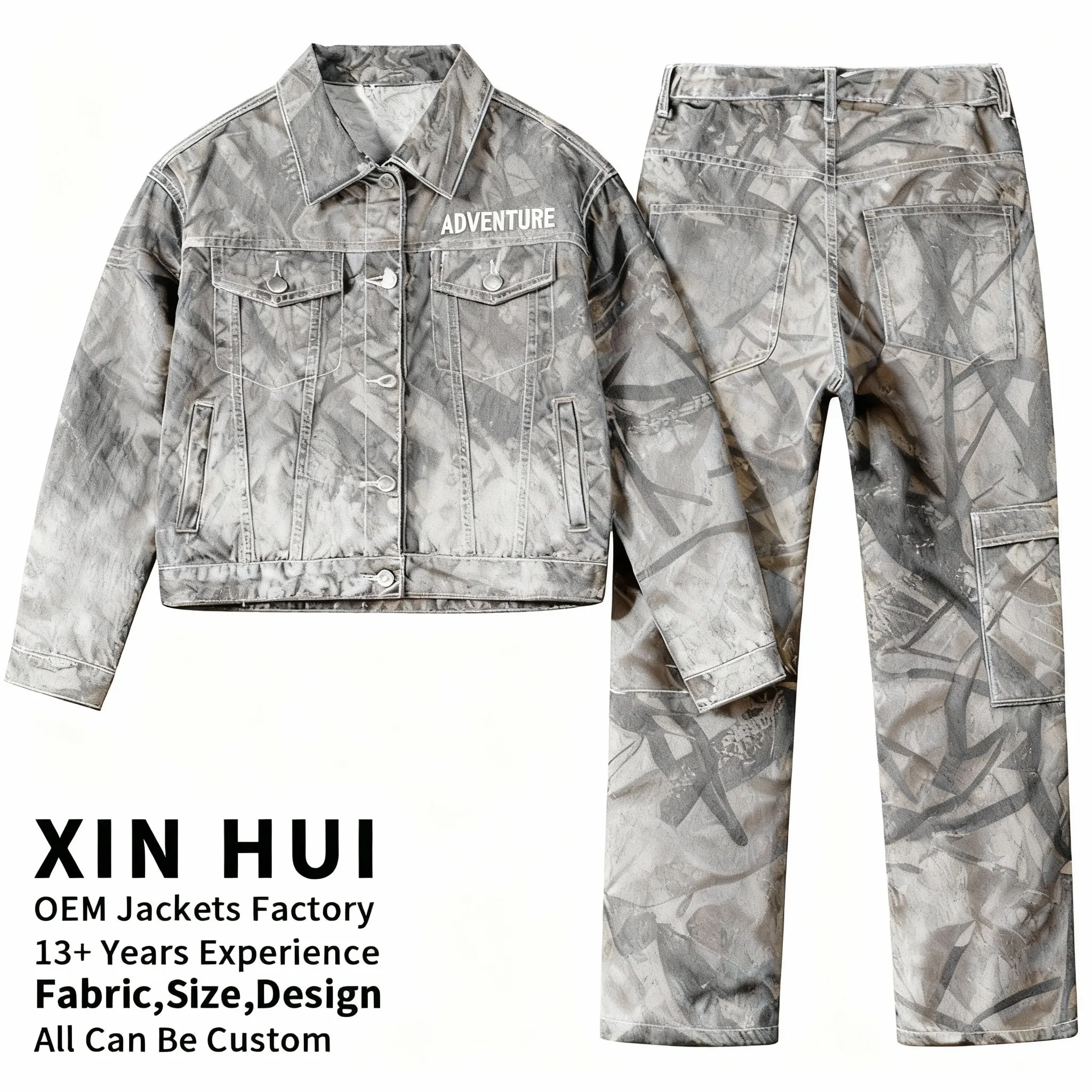 Factory Custom Wholesale 2026 Custom Logo Washed Denim Jacket & Jeans Men's Graffiti Set