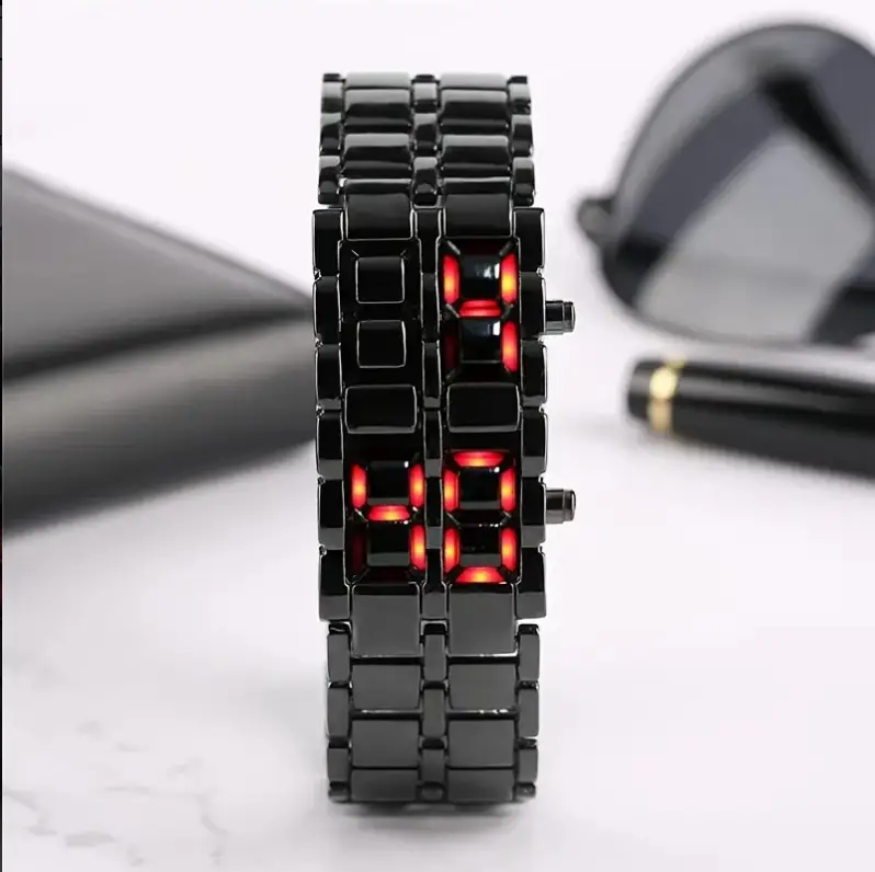 Unisex Luxury LED Display Electronic Wristwatch Novel Red Blue LED Lava Dial Case Buckle Clasp Smart Sport Watch for Men Women