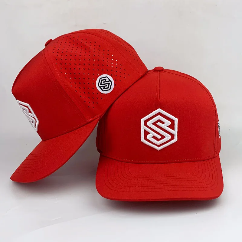 Wholesale Fashion Red Waterproof 5 Panel Business 3D Embroidered Logo Perforated Gorras Snapback Custom Sports Baseball Caps