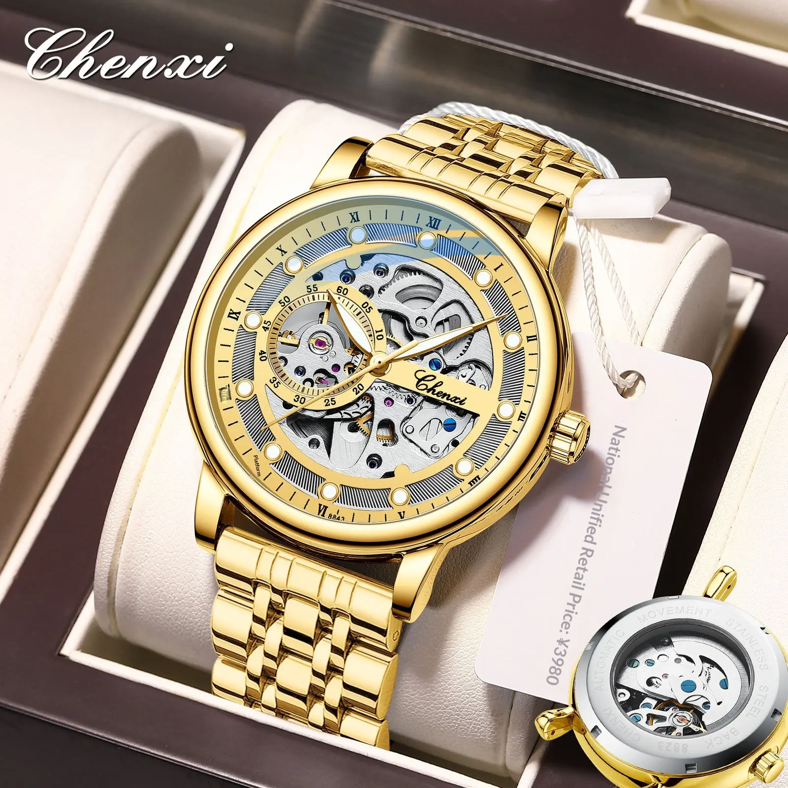 Men's Alloy Automatic Mechanical Watch Business Fashion Luminous Pointer Dial Waterproof Genuine Leather Band Coated Glass 42mm