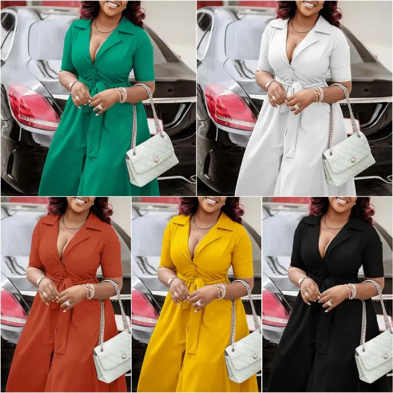 D517 Latest Design Summer Ladies Office Dresses for Women Suit Collar Short Sleeve Solid Color A-line Elegant Casual Dresses