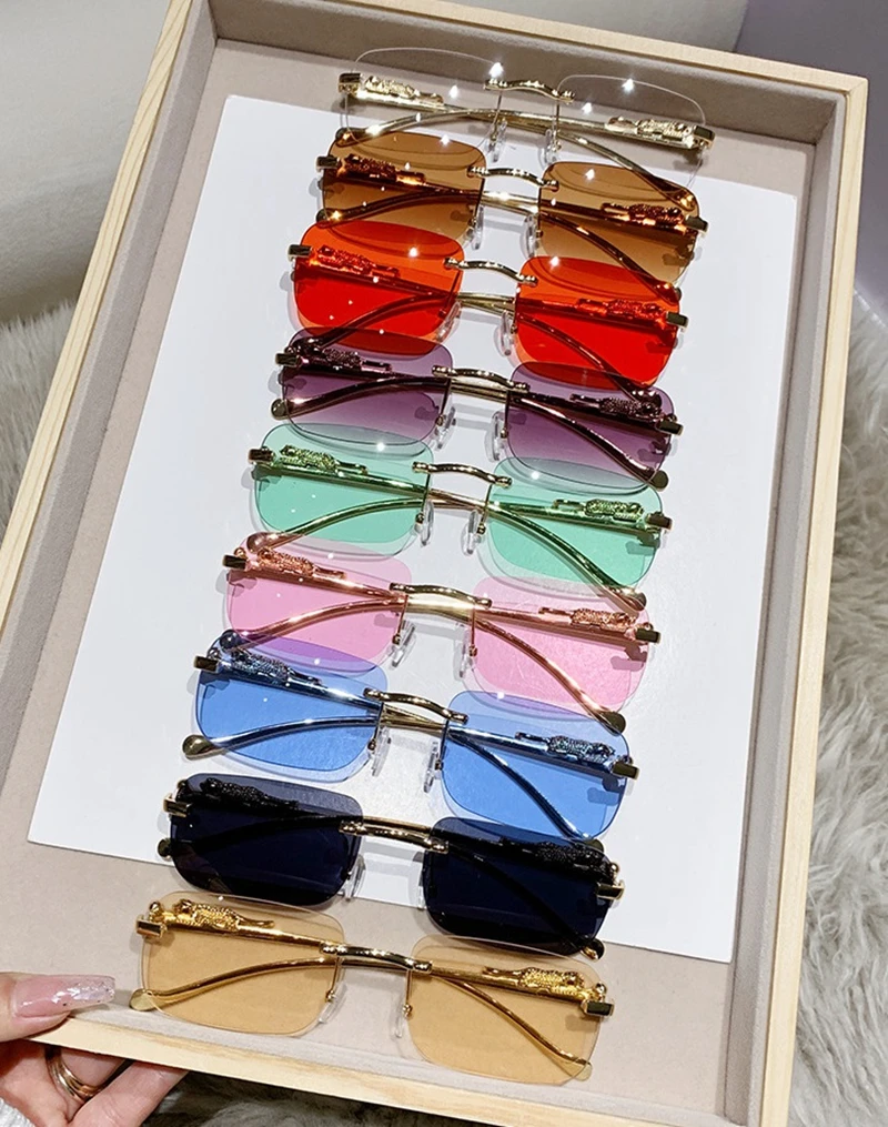 Retro Square-Framed Rimless Transparent Glasses Uv Protection Sunglasses for Women and Men