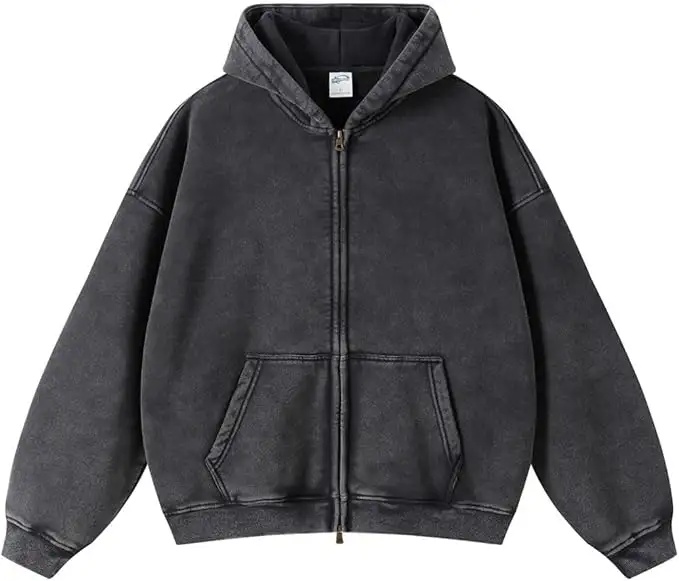 Vintage Batik Washed 100% Cotton Men's Zipper-Up Hoodie Loose Fit with Hooded Collar Solid Terry Lining Anti-Pilling for Autumn