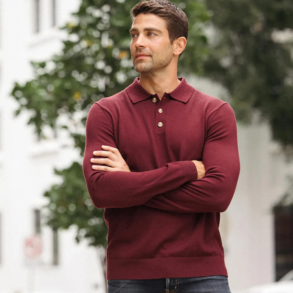 Solid Color Fit Merino Wool Thermal Breathable Men Long Sleeve POLO Shirt Fashion Style Sweater