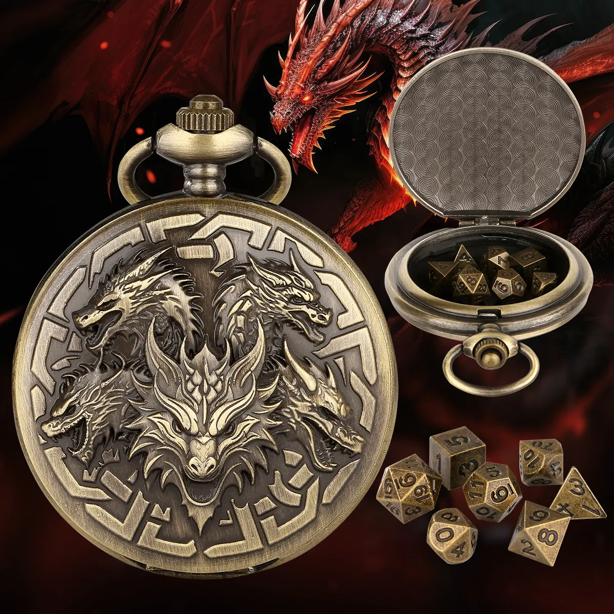 3D Five-Headed Dragon Retro RPG Pocket Watch Shell 7pcs Dungeons and Dragons DND Dice Set with Necklace